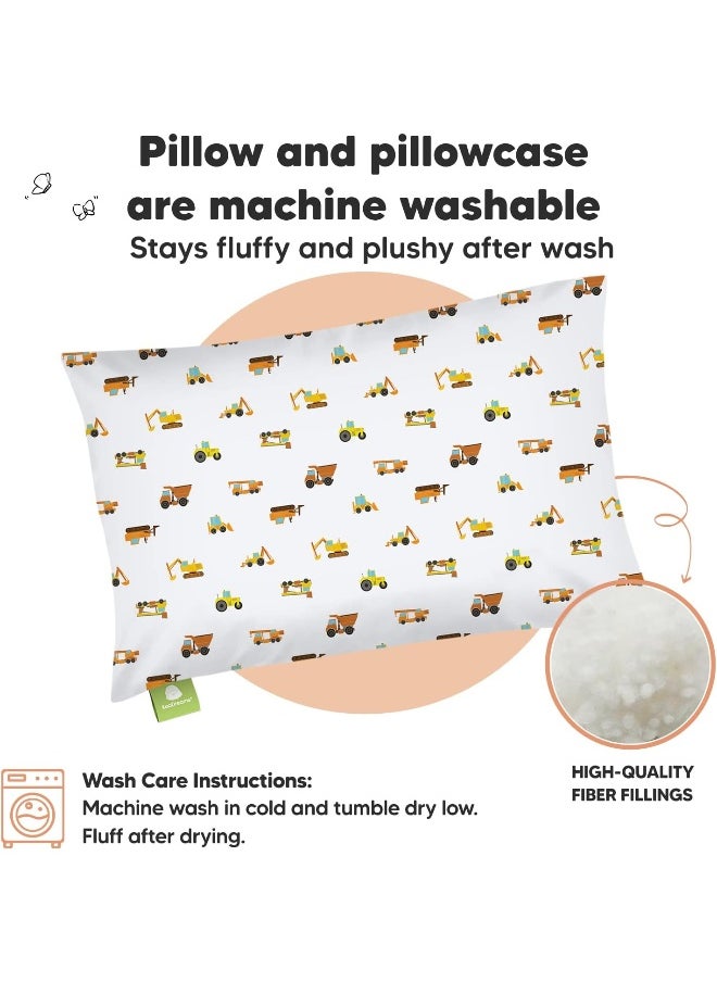 My Little Dreamy Toddler Pillow With Pillowcase - 13x18 Organic Cotton, for Sleeping, Kids, Travel, Mini, Nursery, Bed (Construction)