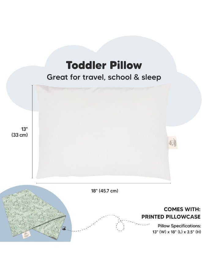 Toddler Pillow with Pillowcase - 13x18 My Little Dreamy Kids Travel Bed Pillows for Sleeping, Organic Cotton Small Pillowcase, Soft & Breathable, Machine Washable, Toddlers 2-5 Years Old (DinoDood)