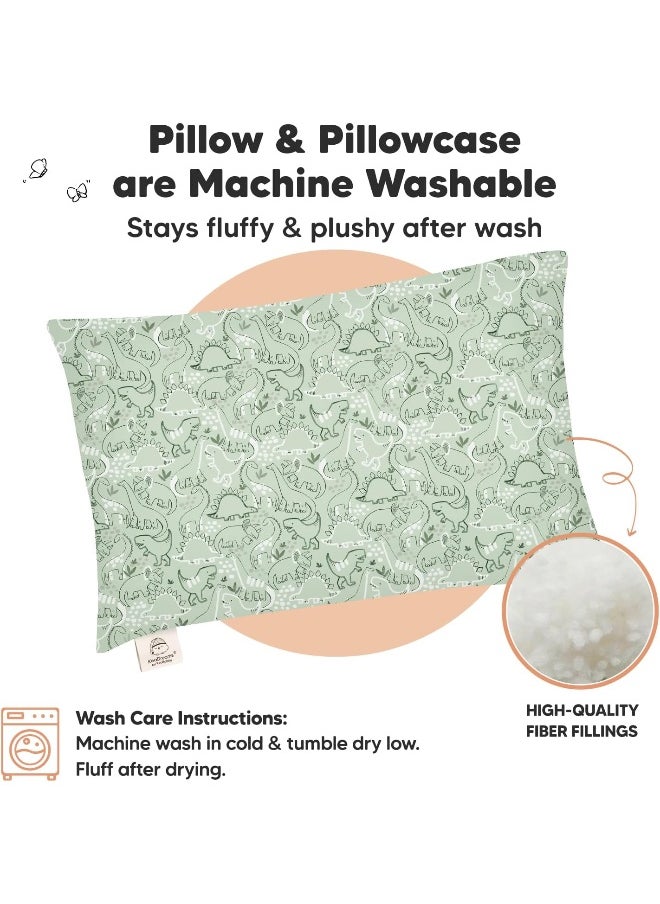 Toddler Pillow with Pillowcase - 13x18 My Little Dreamy Kids Travel Bed Pillows for Sleeping, Organic Cotton Small Pillowcase, Soft & Breathable, Machine Washable, Toddlers 2-5 Years Old (DinoDood)