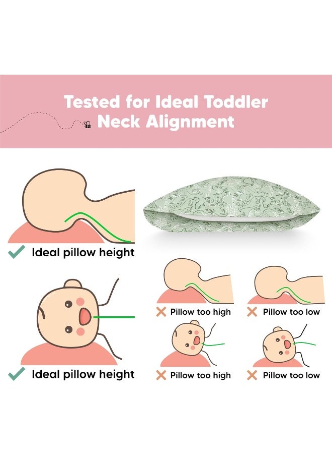Toddler Pillow with Pillowcase - 13x18 My Little Dreamy Kids Travel Bed Pillows for Sleeping, Organic Cotton Small Pillowcase, Soft & Breathable, Machine Washable, Toddlers 2-5 Years Old (DinoDood)