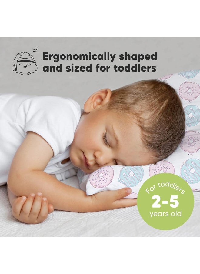 Toddler Pillow with Pillowcase - 13x18 My Little Dreamy Pillow, Organic Cotton Toddler Pillows for Sleeping, Kids Pillow, Travel Pillows, Mini Pillow, Nursery Pillow, Toddler Bed Pillow (Donuts)