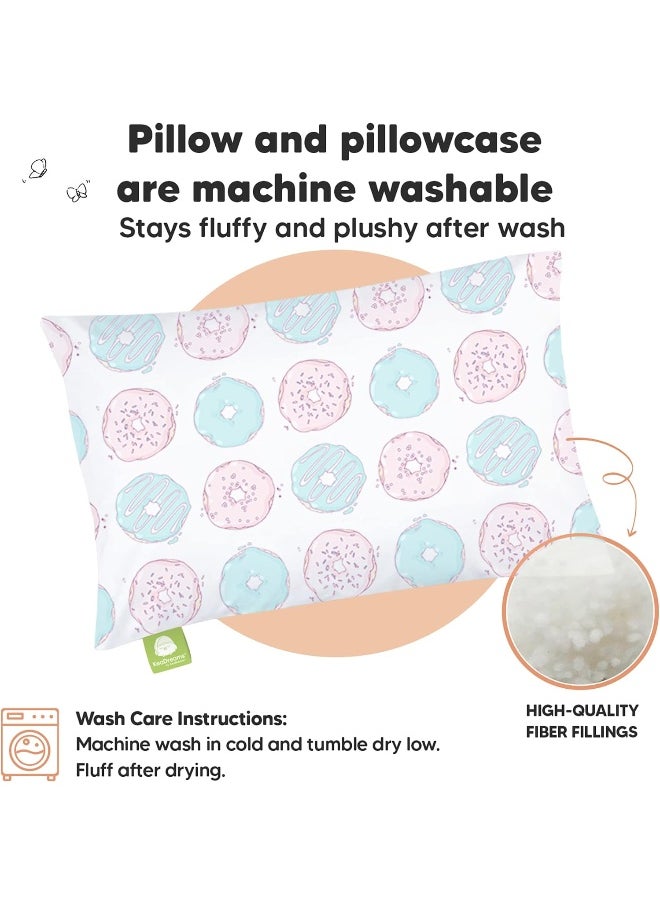 Toddler Pillow with Pillowcase - 13x18 My Little Dreamy Pillow, Organic Cotton Toddler Pillows for Sleeping, Kids Pillow, Travel Pillows, Mini Pillow, Nursery Pillow, Toddler Bed Pillow (Donuts)