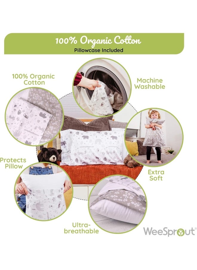 WeeSprout Mini Toddler Pillow for Kids Sleeping - Organic Cotton Shell & Pillowcase with Soft & Supportive Polyfiber Filling – Good for Travel, Machine Washable, 18 x 13 x 3, Safari
