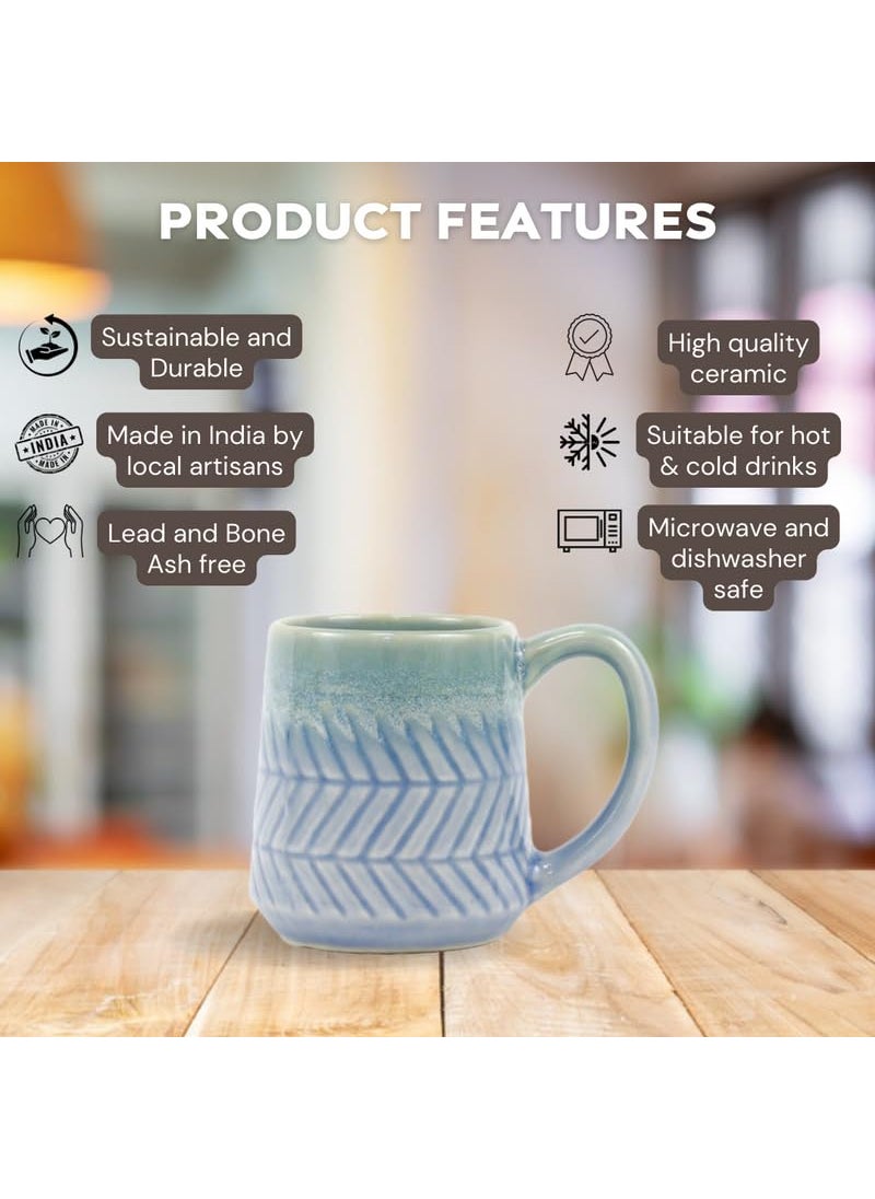 Green Route Occean Wave Chevron Coffee Mug 300 ML Microwave Dishwasher Safe Handmade Sky Blue Ceramic Milk Chocolate Tea Cup Perfect for Gift Set of 4 300 ML