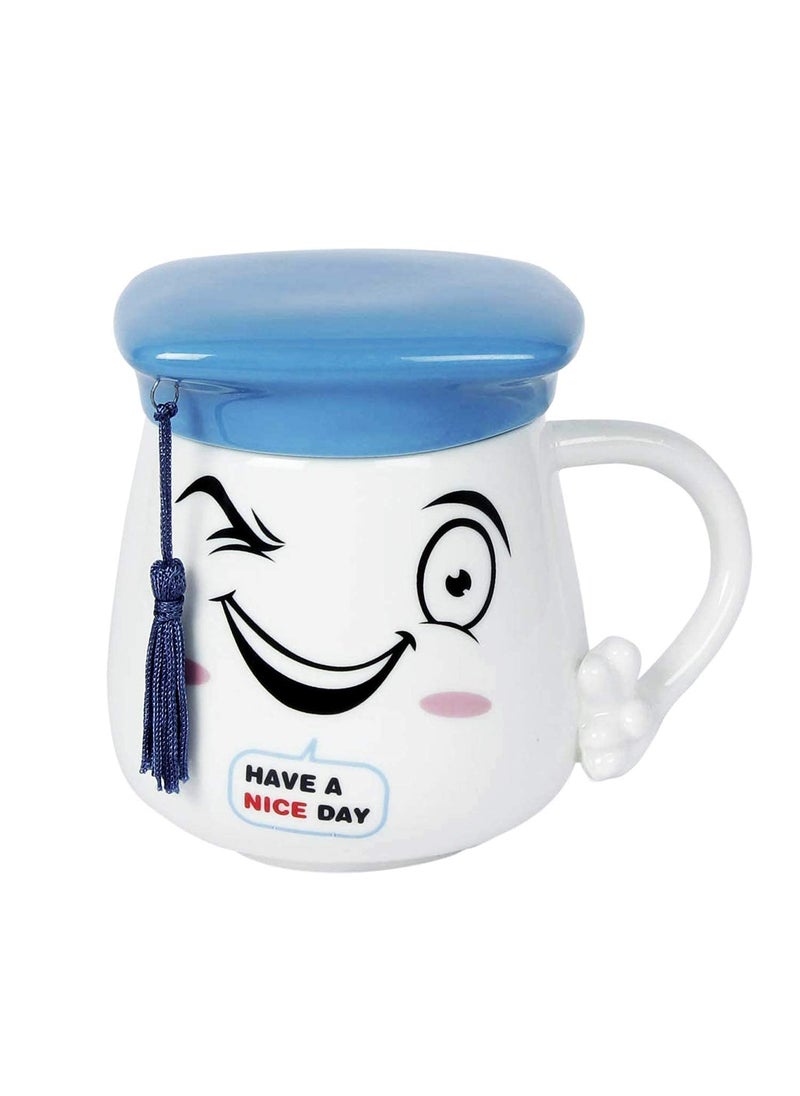 A Vintage Affair HOME DECOR Ceramic Coffee Cup White 350ml Large Tea Cup Mug Cappuccino Cup Glossy Microwave Safe Cutie Gift for Colleagues and Friends Birthday Blue