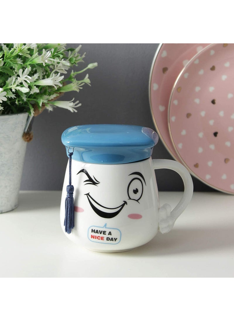 A Vintage Affair HOME DECOR Ceramic Coffee Cup White 350ml Large Tea Cup Mug Cappuccino Cup Glossy Microwave Safe Cutie Gift for Colleagues and Friends Birthday Blue
