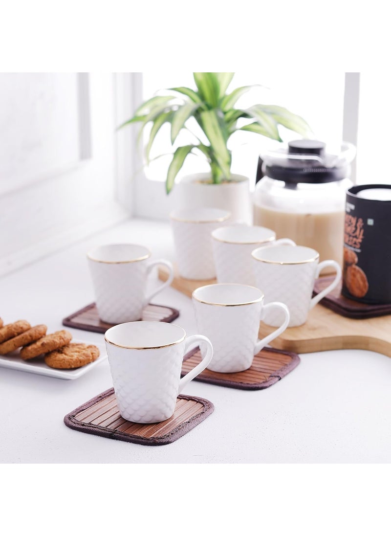 E Ezra Gold Fine Bone China Tea Coffee Cups Mugs for Home Large Size Cups for Serving Tea Coffee 180 ML Each 6 Pcs White