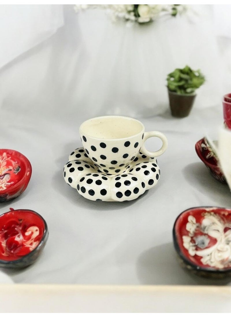 CERAMIC DINING Black Polka Dots Bubble Tea Cup with Saucer Set of 1