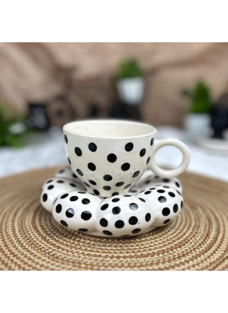 CERAMIC DINING Black Polka Dots Bubble Tea Cup with Saucer Set of 1
