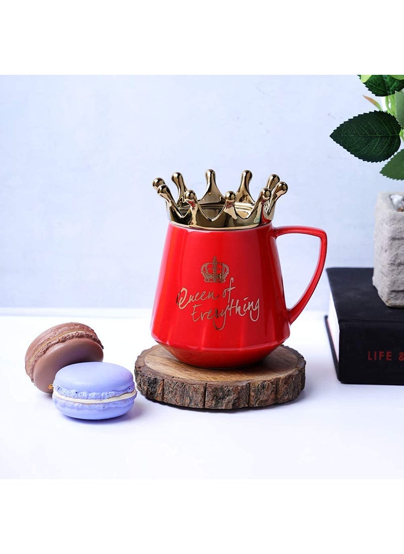 A Vintage Affair HOME DECOR Ceramic Coffee Cup White 350ml Large Tea Cup Mug Cappuccino Cup Glossy Microwave Safe Queen of Everything Ceramic Printed Gift for Loved Ones Red