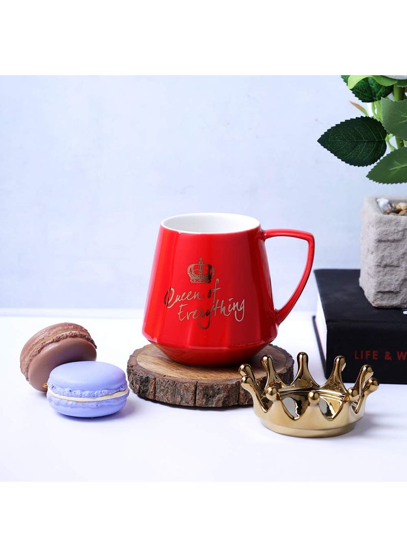 A Vintage Affair HOME DECOR Ceramic Coffee Cup White 350ml Large Tea Cup Mug Cappuccino Cup Glossy Microwave Safe Queen of Everything Ceramic Printed Gift for Loved Ones Red