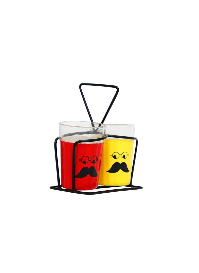 A Krazy Mug Moustache Emoji Hand Painted Traditional Tapri Tea Glasses with Iron Container Stand Holder Yellow Red Set of 2 90ml