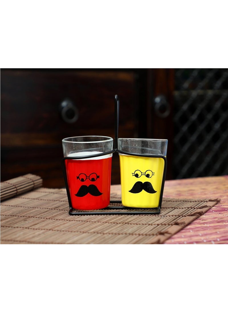 A Krazy Mug Moustache Emoji Hand Painted Traditional Tapri Tea Glasses with Iron Container Stand Holder Yellow Red Set of 2 90ml