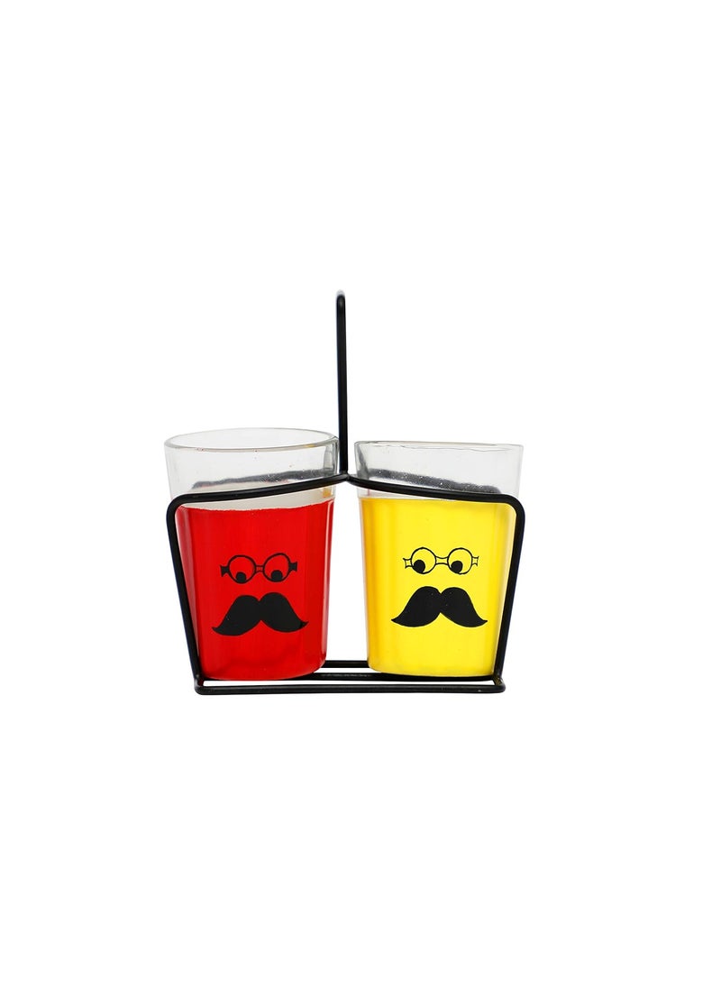 A Krazy Mug Moustache Emoji Hand Painted Traditional Tapri Tea Glasses with Iron Container Stand Holder Yellow Red Set of 2 90ml