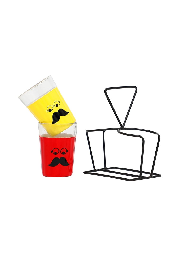 A Krazy Mug Moustache Emoji Hand Painted Traditional Tapri Tea Glasses with Iron Container Stand Holder Yellow Red Set of 2 90ml