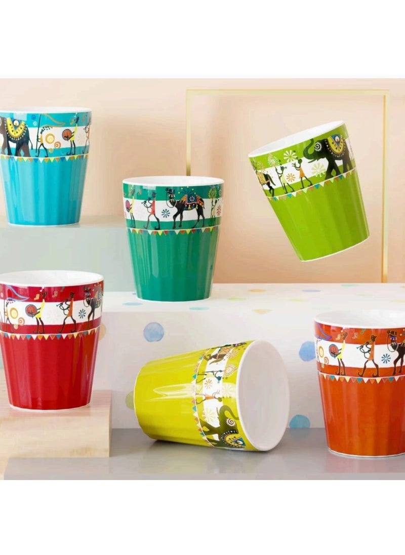 Aav World Cutting Glass on Multicolour Printed Pattern Ceramic CanCupTea and Coffee Set of 6