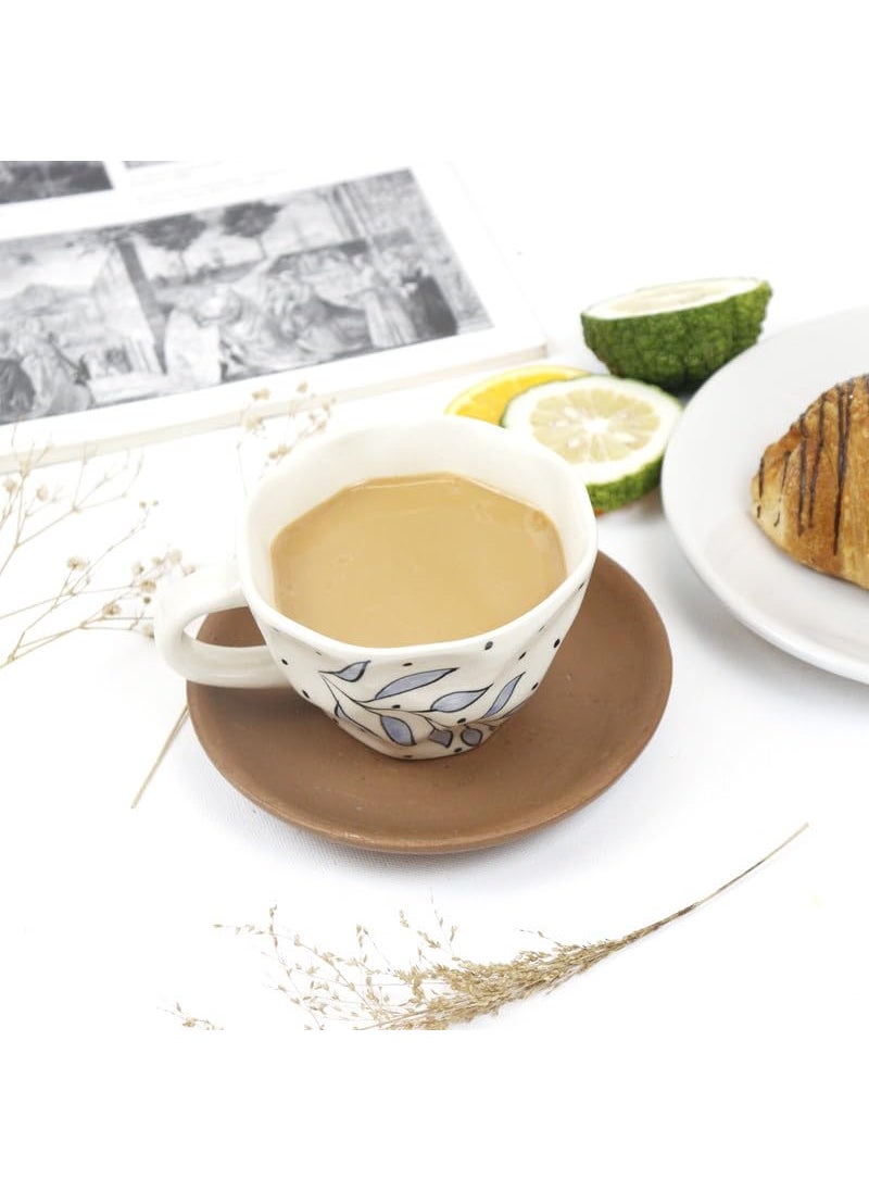Green Route Handpainted Leaf Design Tea Cup 250 ML Handmade White Ceramic Coffee Mug for Home Office Microwave Dishwasher Safe Milk Chocolate Cup Perfect for Gift Set of 2 250 ML