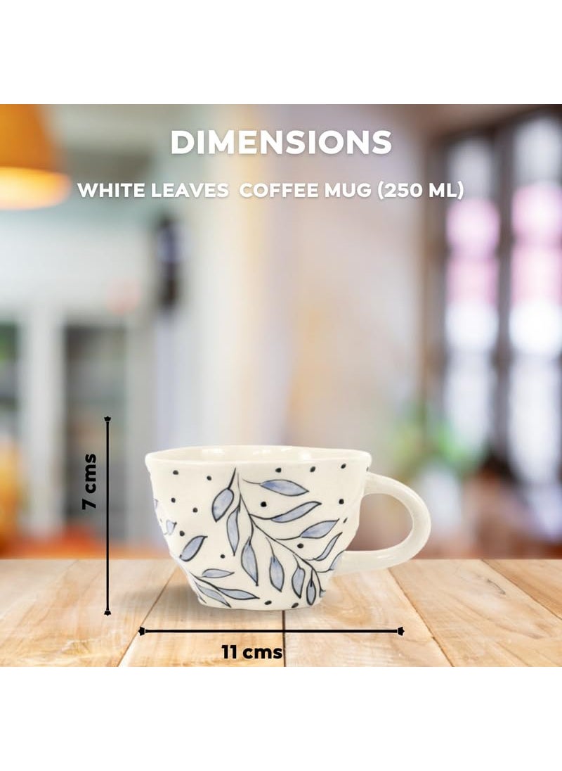 Green Route Handpainted Leaf Design Tea Cup 250 ML Handmade White Ceramic Coffee Mug for Home Office Microwave Dishwasher Safe Milk Chocolate Cup Perfect for Gift Set of 2 250 ML