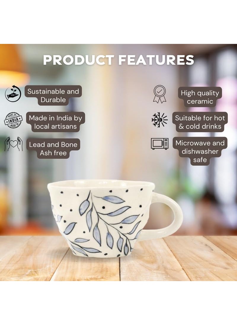 Green Route Handpainted Leaf Design Tea Cup 250 ML Handmade White Ceramic Coffee Mug for Home Office Microwave Dishwasher Safe Milk Chocolate Cup Perfect for Gift Set of 2 250 ML