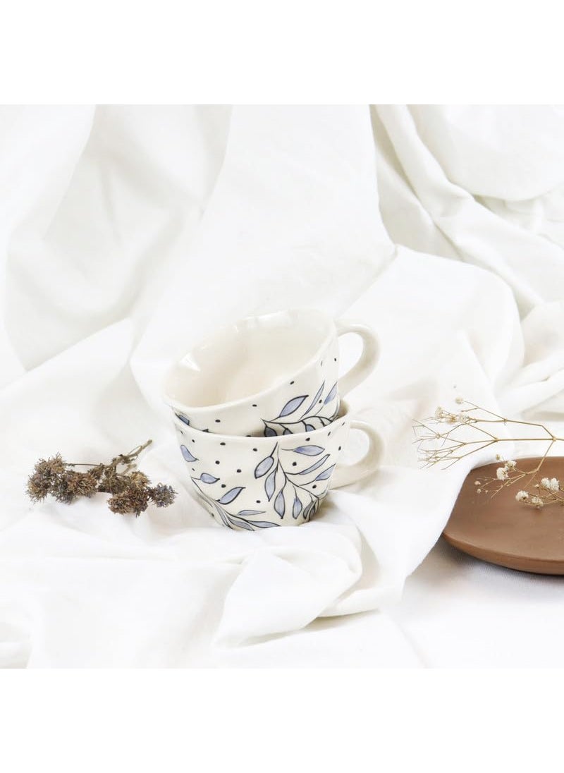 Green Route Handpainted Leaf Design Tea Cup 250 ML Handmade White Ceramic Coffee Mug for Home Office Microwave Dishwasher Safe Milk Chocolate Cup Perfect for Gift Set of 2 250 ML
