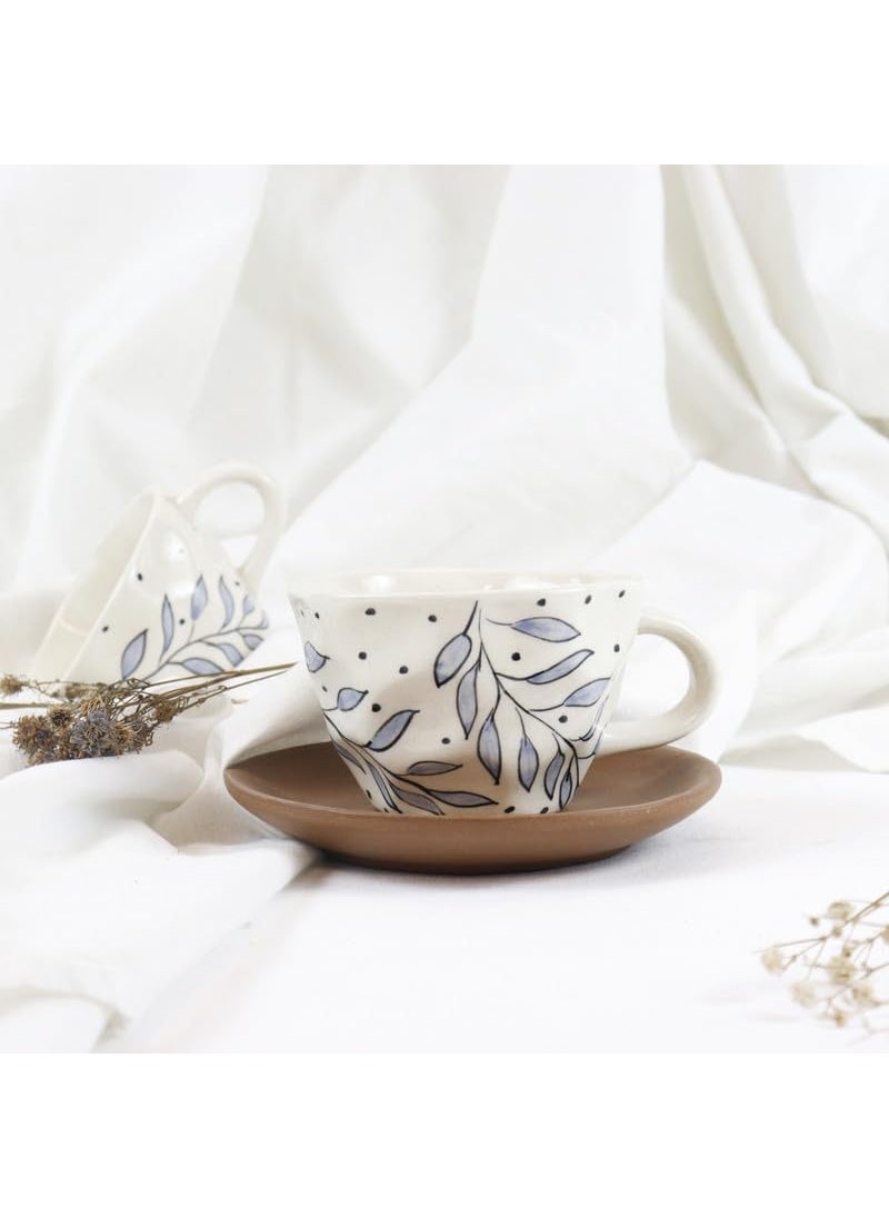Green Route Handpainted Leaf Design Tea Cup 250 ML Handmade White Ceramic Coffee Mug for Home Office Microwave Dishwasher Safe Milk Chocolate Cup Perfect for Gift Set of 2 250 ML