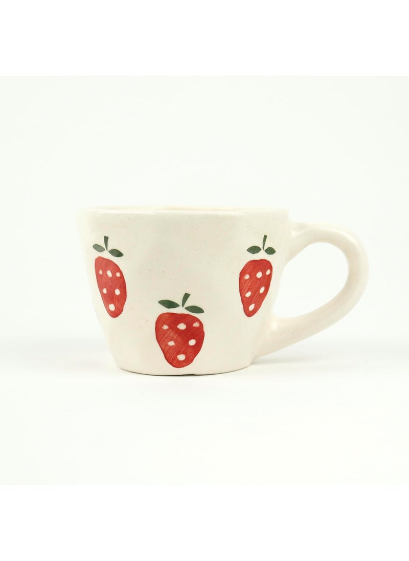 Green Route Strawberry Design Coffee Cup 300 ML Handmade White Ceramic Tea Cup for Home Office Microwave Dishwasher Safe Milk Chocolate Mug Perfect for Gift Set of 2 300 ML