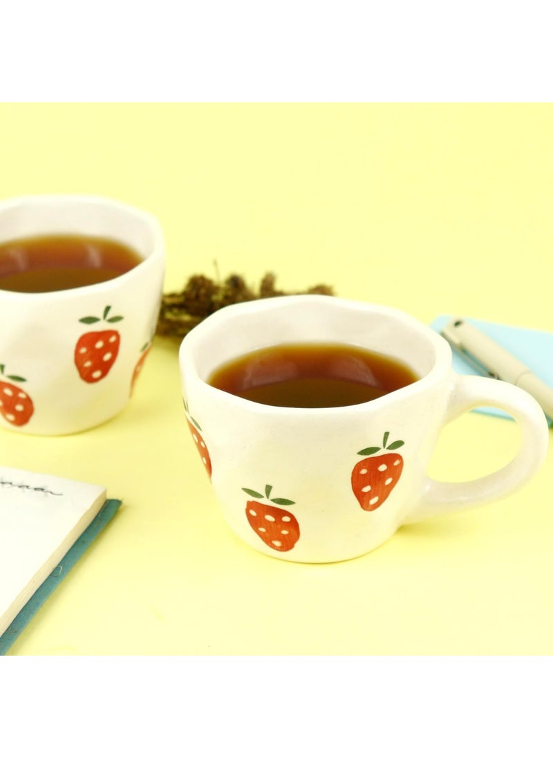 Green Route Strawberry Design Coffee Cup 300 ML Handmade White Ceramic Tea Cup for Home Office Microwave Dishwasher Safe Milk Chocolate Mug Perfect for Gift Set of 2 300 ML