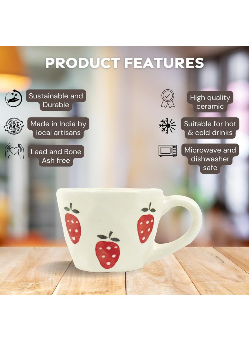 Green Route Strawberry Design Coffee Cup 300 ML Handmade White Ceramic Tea Cup for Home Office Microwave Dishwasher Safe Milk Chocolate Mug Perfect for Gift Set of 2 300 ML