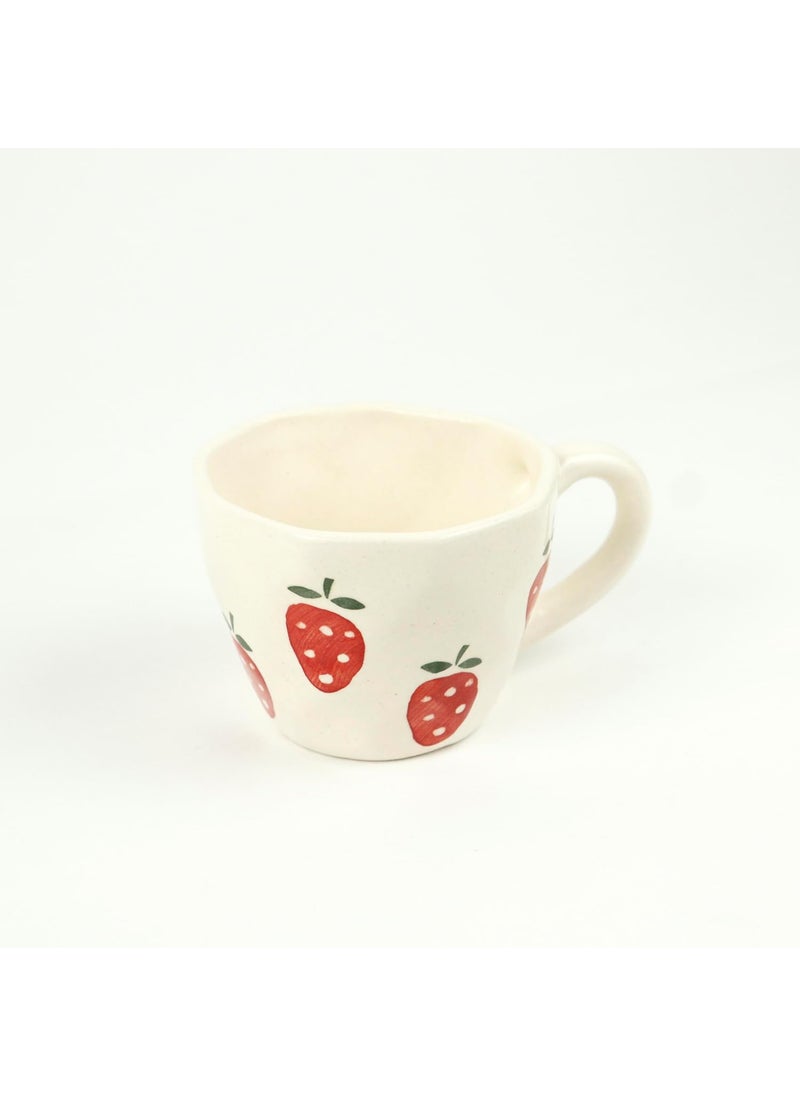 Green Route Strawberry Design Coffee Cup 300 ML Handmade White Ceramic Tea Cup for Home Office Microwave Dishwasher Safe Milk Chocolate Mug Perfect for Gift Set of 2 300 ML