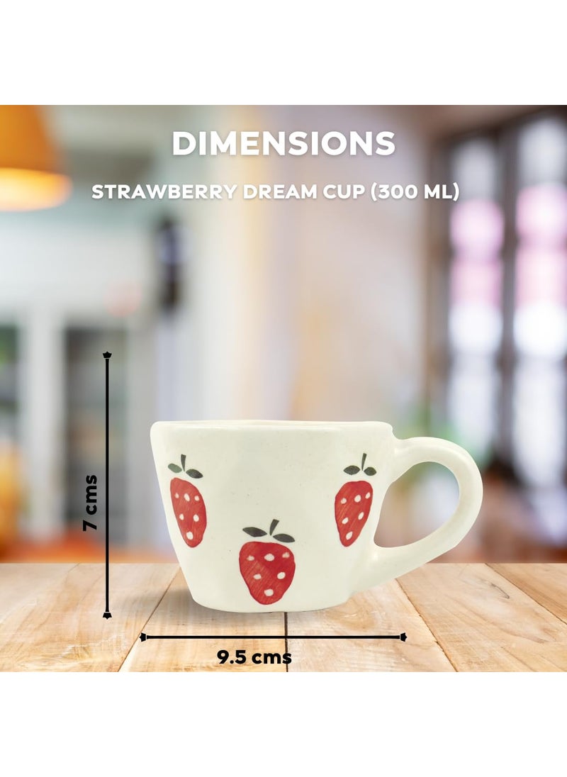 Green Route Strawberry Design Coffee Cup 300 ML Handmade White Ceramic Tea Cup for Home Office Microwave Dishwasher Safe Milk Chocolate Mug Perfect for Gift Set of 2 300 ML