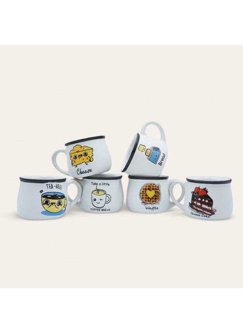 MoraNest Ceramic Tea Cup White Breakfast Series Set of 6 200 ML Perfect for Family Quality Family Time Printed Ceramic Tea Cups Team Cups for Gifting Tea Cups for Diwali Gifting