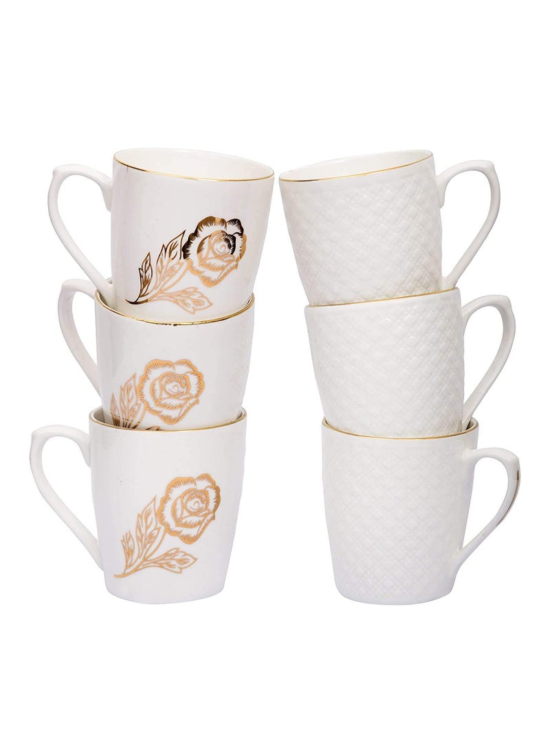E Ezra Indian Ceramic Flora Series Cup Set for Tea and Coffee White Pack of 6