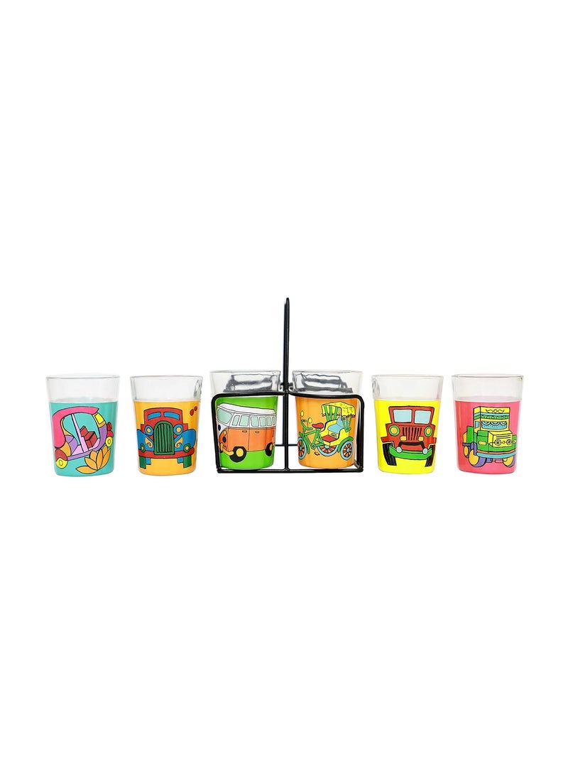 A Krazy Mug Colourful Design Vehicles Hand Painted Traditional Tapri Tea Glasses with Iron Container Stand Holder Multicolor Set of 6 90ml