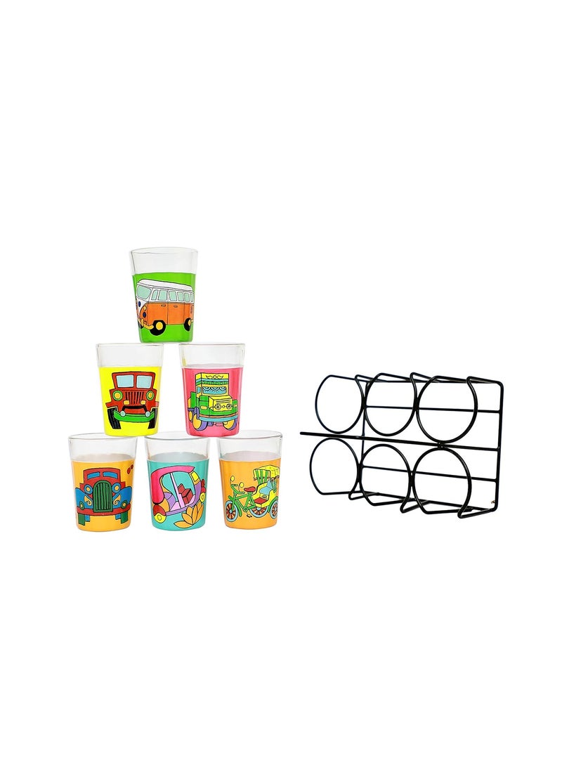 A Krazy Mug Colourful Design Vehicles Hand Painted Traditional Tapri Tea Glasses with Iron Container Stand Holder Multicolor Set of 6 90ml