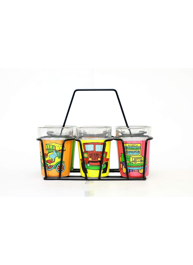 A Krazy Mug Colourful Design Vehicles Hand Painted Traditional Tapri Tea Glasses with Iron Container Stand Holder Multicolor Set of 6 90ml