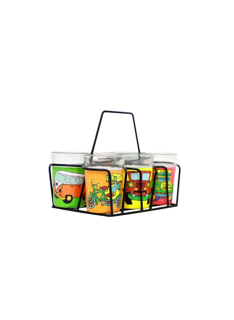 A Krazy Mug Colourful Design Vehicles Hand Painted Traditional Tapri Tea Glasses with Iron Container Stand Holder Multicolor Set of 6 90ml