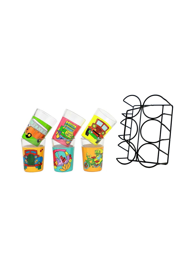 A Krazy Mug Colourful Design Vehicles Hand Painted Traditional Tapri Tea Glasses with Iron Container Stand Holder Multicolor Set of 6 90ml