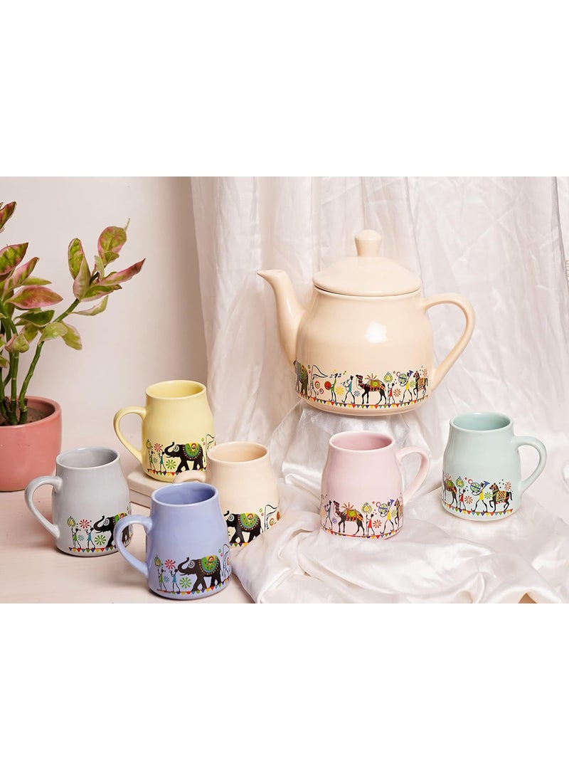 LOCALKALA Local Kalas Handcrafted Designer Ceramic Candy Tea Cup Set of 7 with Kettle Printed Multicolor with Gift Box Packaging