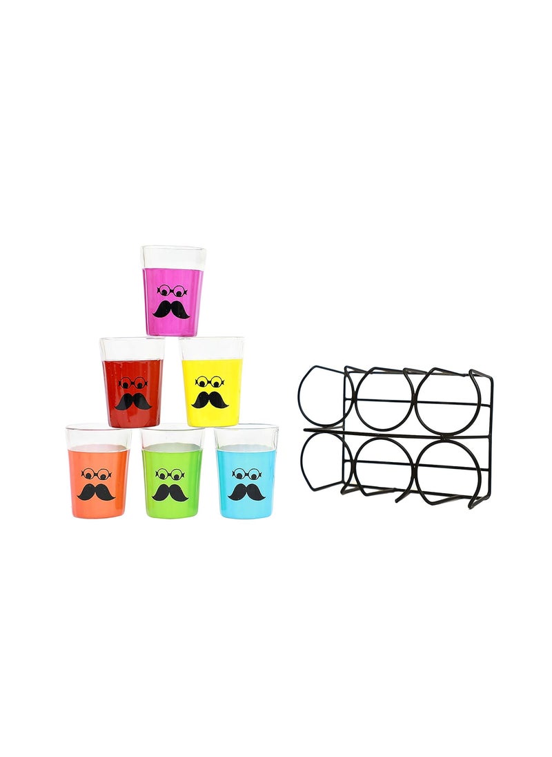 A Krazy Mug Moustache Emoji Hand Painted Traditional Tapri Tea Glasses with Iron Container Stand Holder Multicolor Set of 6 90ml