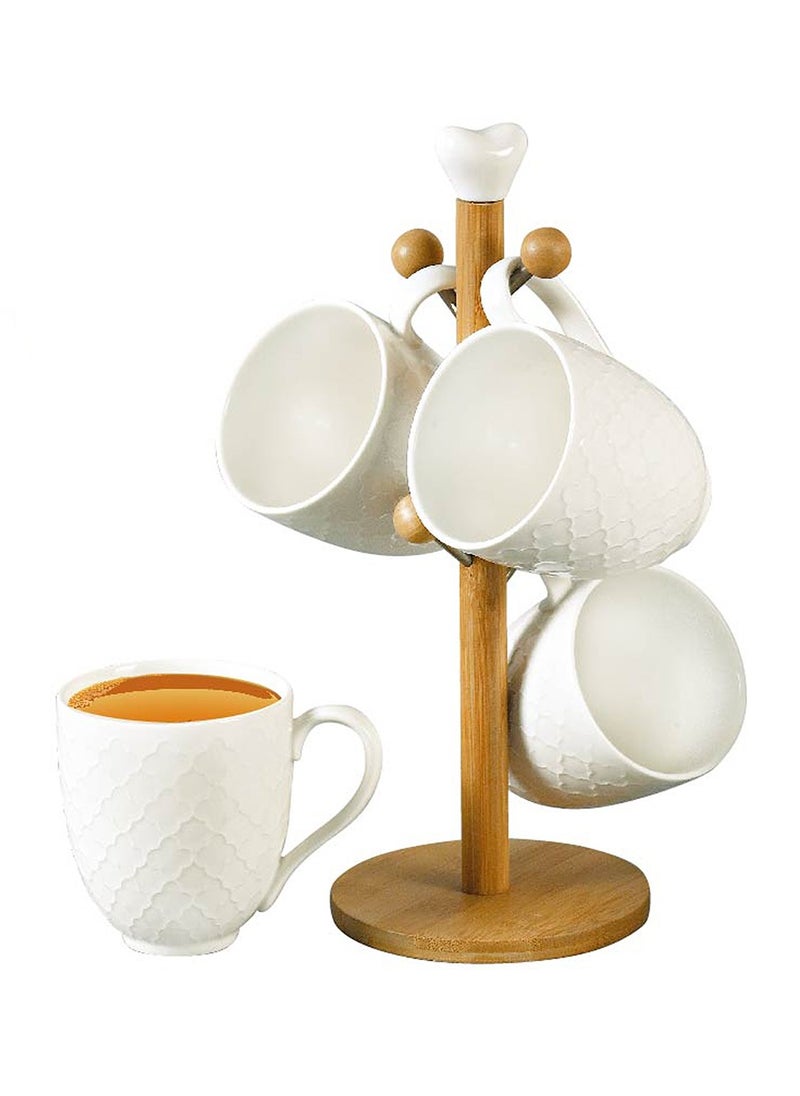 Shallow 4-Piece Porcelain Mug Set with Bamboo Stand – 330ml Elegant White Cups