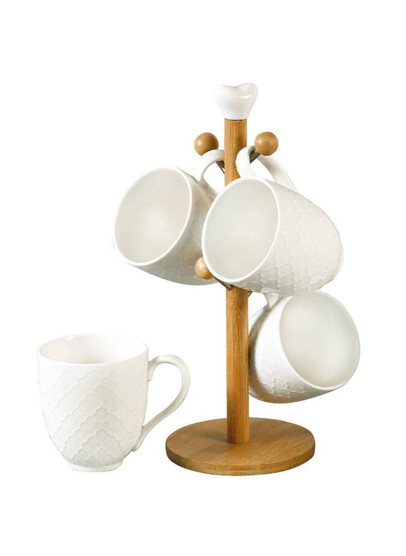 Shallow 4-Piece Porcelain Mug Set with Bamboo Stand – 330ml Elegant White Cups