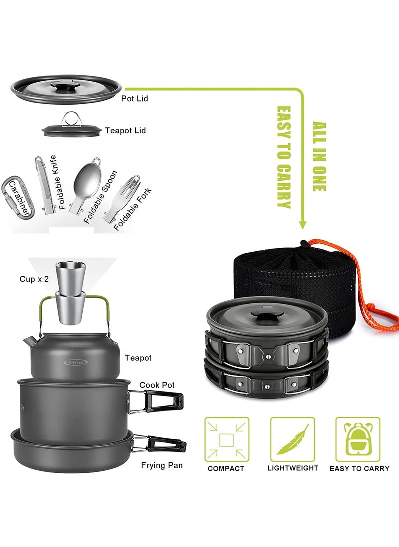 Linist Camping Cookware Mess Kit Camping Cookware Set Folding Cookset Camping Teapot and Pans Set EquipmentLightweight Pots Pans with Mesh Set Bag for Backpacking Hiking Picnic