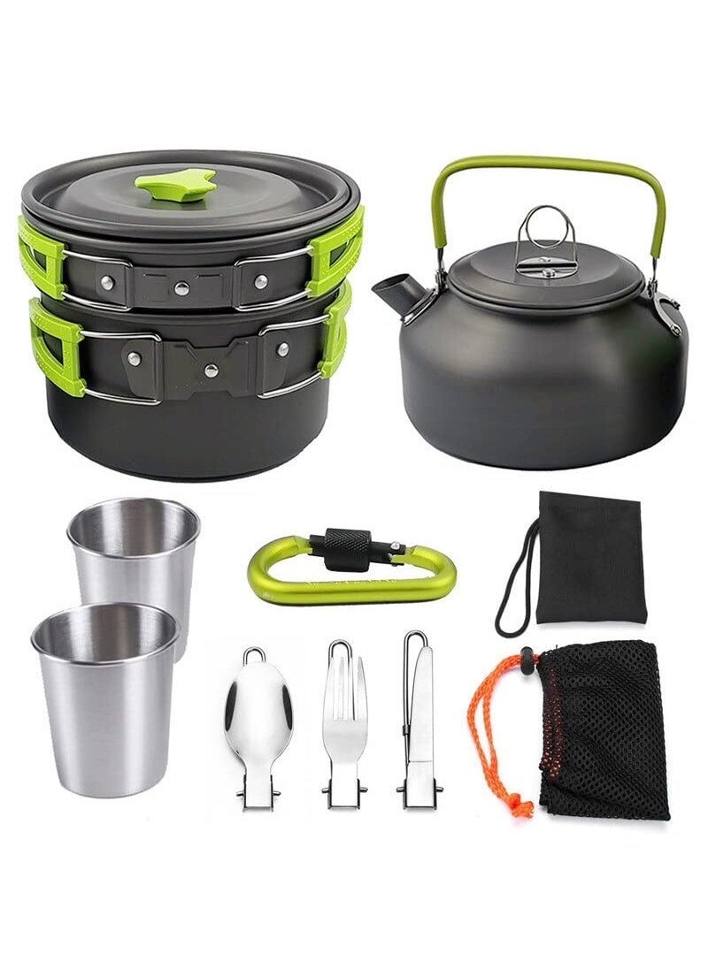 TrekEaze Camping Cookware Mess Kit 13Piece Campfire Kettle Outdoor Cooking Set for Hiking Backpacking Picnic Compact Nonstick and HeatResistant Green