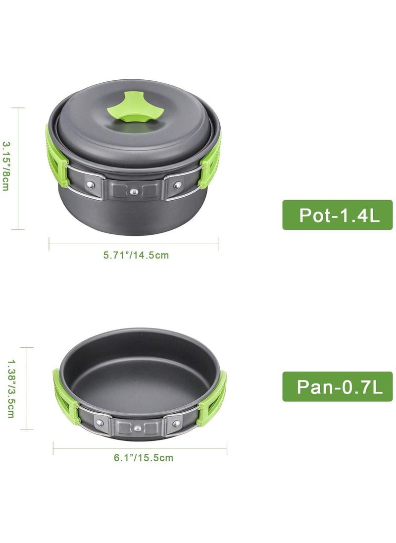 UNIQUE CART Camping Cookware Stove Mess Kit Backpacking Pot Pan Cups Outdoors Flatware Cooking Equipment Cookset for Bug Out Hiking Picnic Green