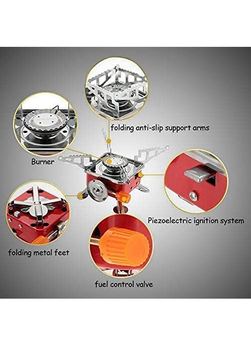 DPCR Portable Travelling Mini Camping Gas Stove Stainless Steel Foldable Gas Burner for Cooking during Outdoor Activities like Camping Hiking Travelling Tour Biking 2800W InBuilt Lighter