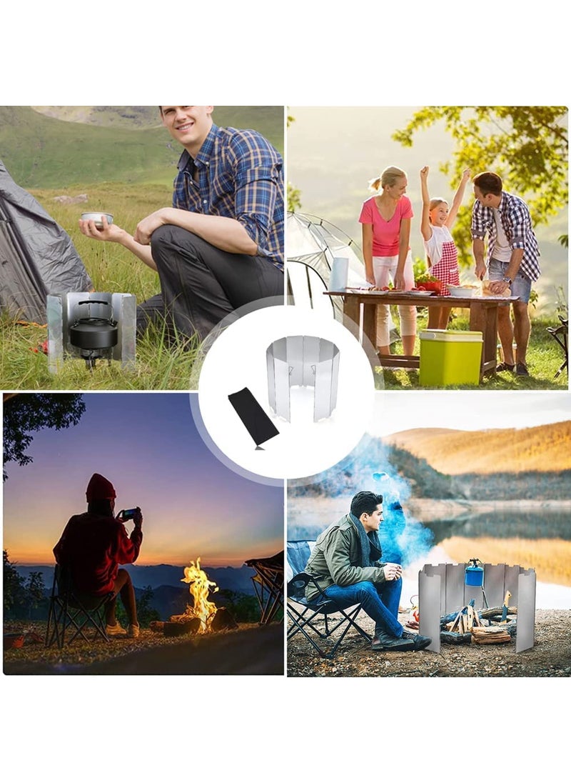 NEAR STOP 10 Plates Stove Windshield Folding Aluminum Camping Burner Windshield Lightweight Com Folding Camp Stove Windscreen with Drawstring Bag for Camping Stoves and Butane Stoves