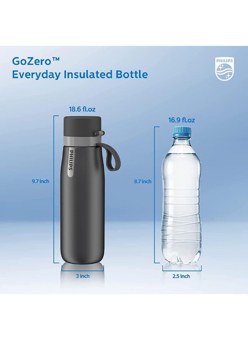 Philips GoZero Everyday Insulated Stainless Steel Water Bottle with 3 Philips Everyday Tap Water Filters BPA Free Transform Tap Water into Healthy Tastier Water Keep Drink HotCold 186 oz Grey