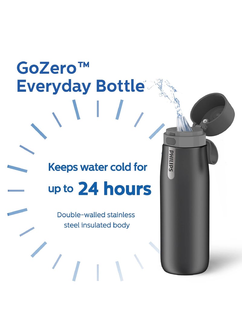 Philips GoZero Everyday Insulated Stainless Steel Water Bottle with 3 Philips Everyday Tap Water Filters BPA Free Transform Tap Water into Healthy Tastier Water Keep Drink HotCold 186 oz Grey