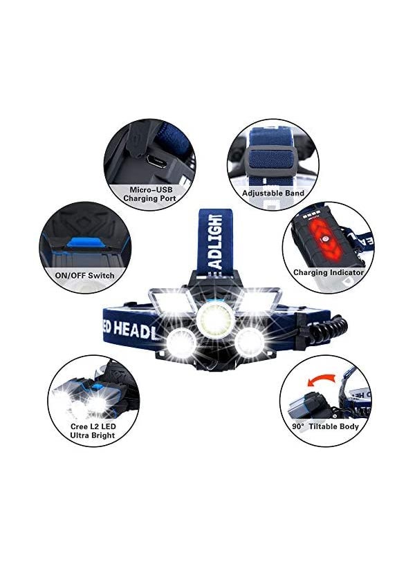 JRS TRADERS USB Rechargeable Headlamp Flashlight Waterproof 9 Modes Work Light for Outdoor Trekking CampingHunting