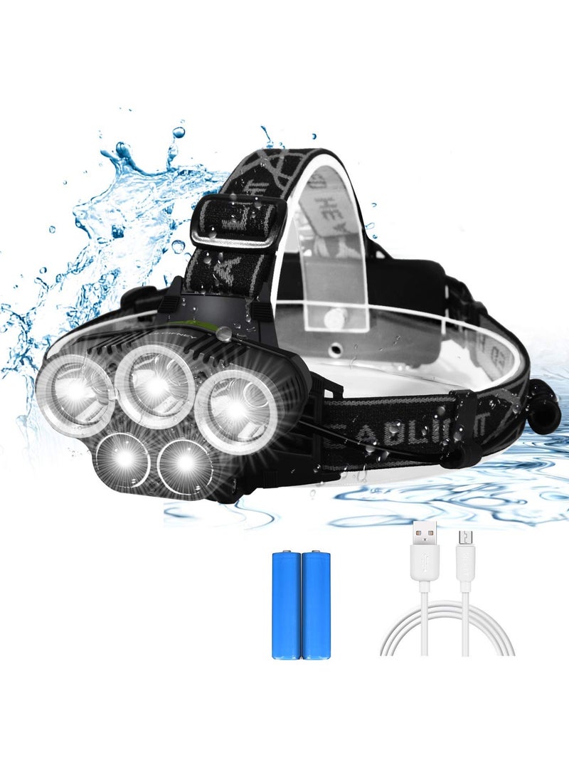 SEAHAVEN Flashlight Headlamp USB Rechargeable Headlamp6 Modes 5 LED Ultra Bright IPX4 Waterproof90 Degrees rotated Work Light for Outdoors Household HikingCampingEmergency
